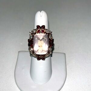 NWOT Genuine Rose Quartz Garnet White Topaz Gemstone Rose Gold Plate 925 Ring